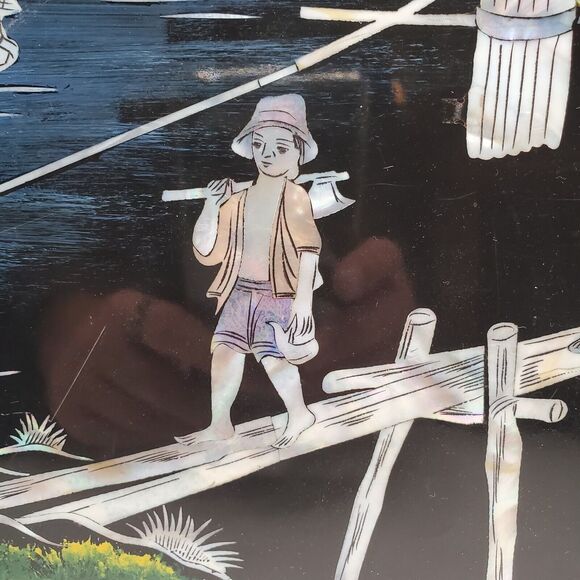 Inlaid Asian Artwork Shell On Black Lacquered Wood Vintage 12x16 Inches - Picture 6 of 15